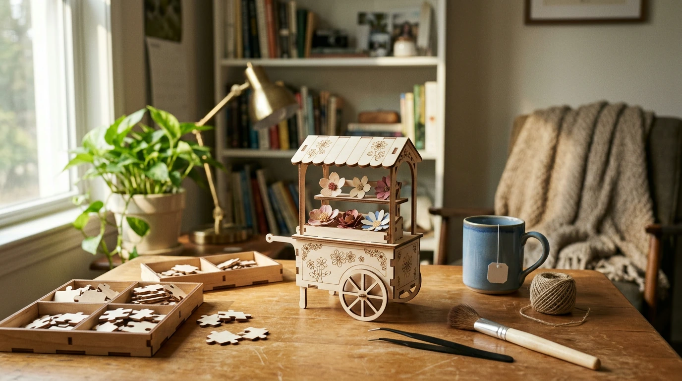 3D Wooden Blossom Cart Puzzle Kit: Build, Relax, Display