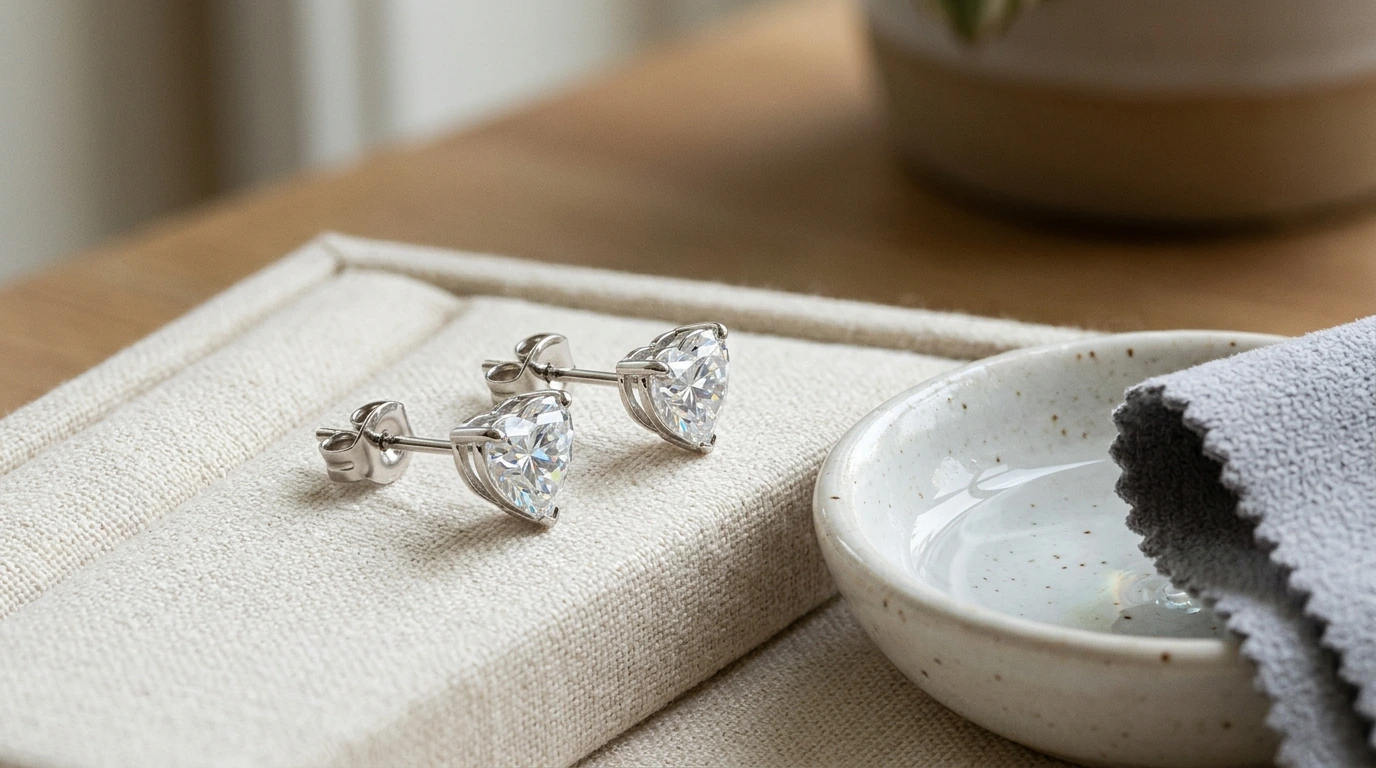 Heart D VVS Moissanite Studs: Fit, Sparkle & Care
