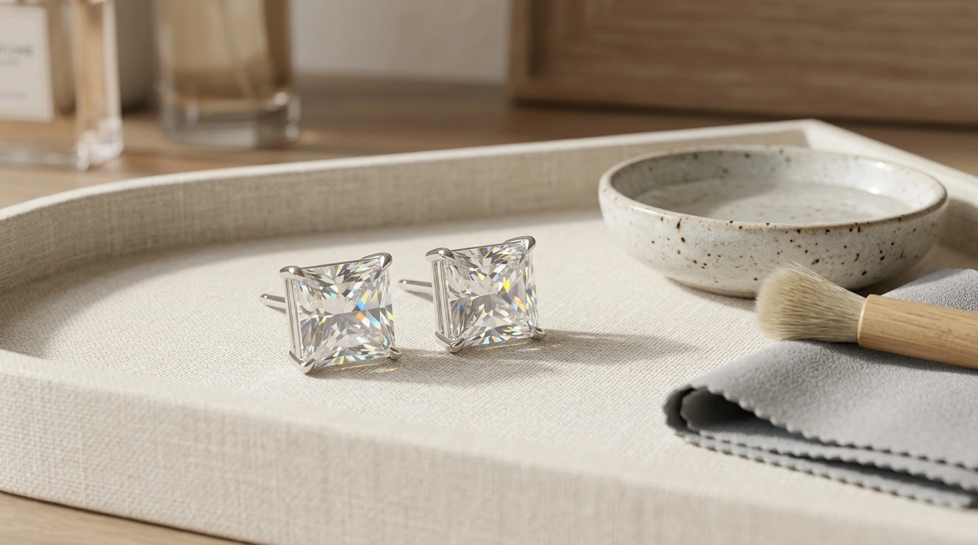Square Moissanite Stud Earrings: Cut, Setting & Care