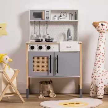 Classic Gray Wooden Play Kitchen Set With Realistic Play