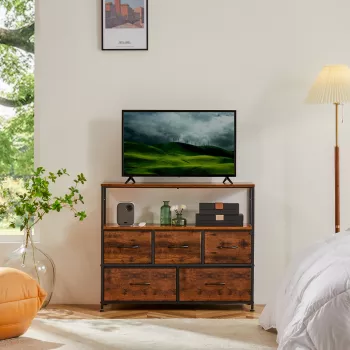 Fireplace TV Stand Dresser: 5 Fabric Drawers + Display