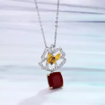 Red Agate Butterfly Pendant Necklace in 925 Silver